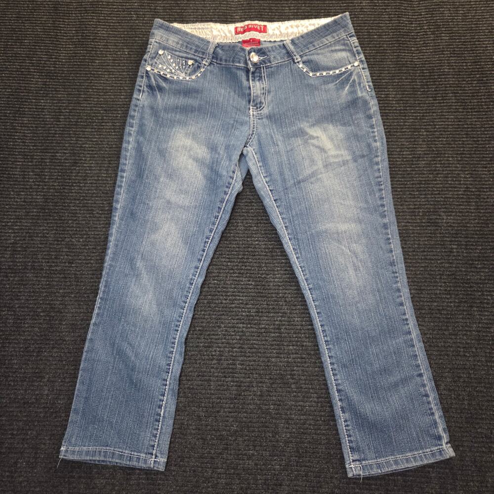 Red Rivet Mcbling Rhinestone Capri Mid-Low Rise Size 9 W32